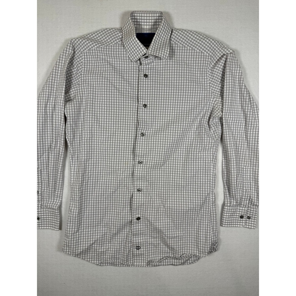 David Donahue Mens Trim Fit Gingham Dress Shirt Grey White 15.5 32/33 Cotton